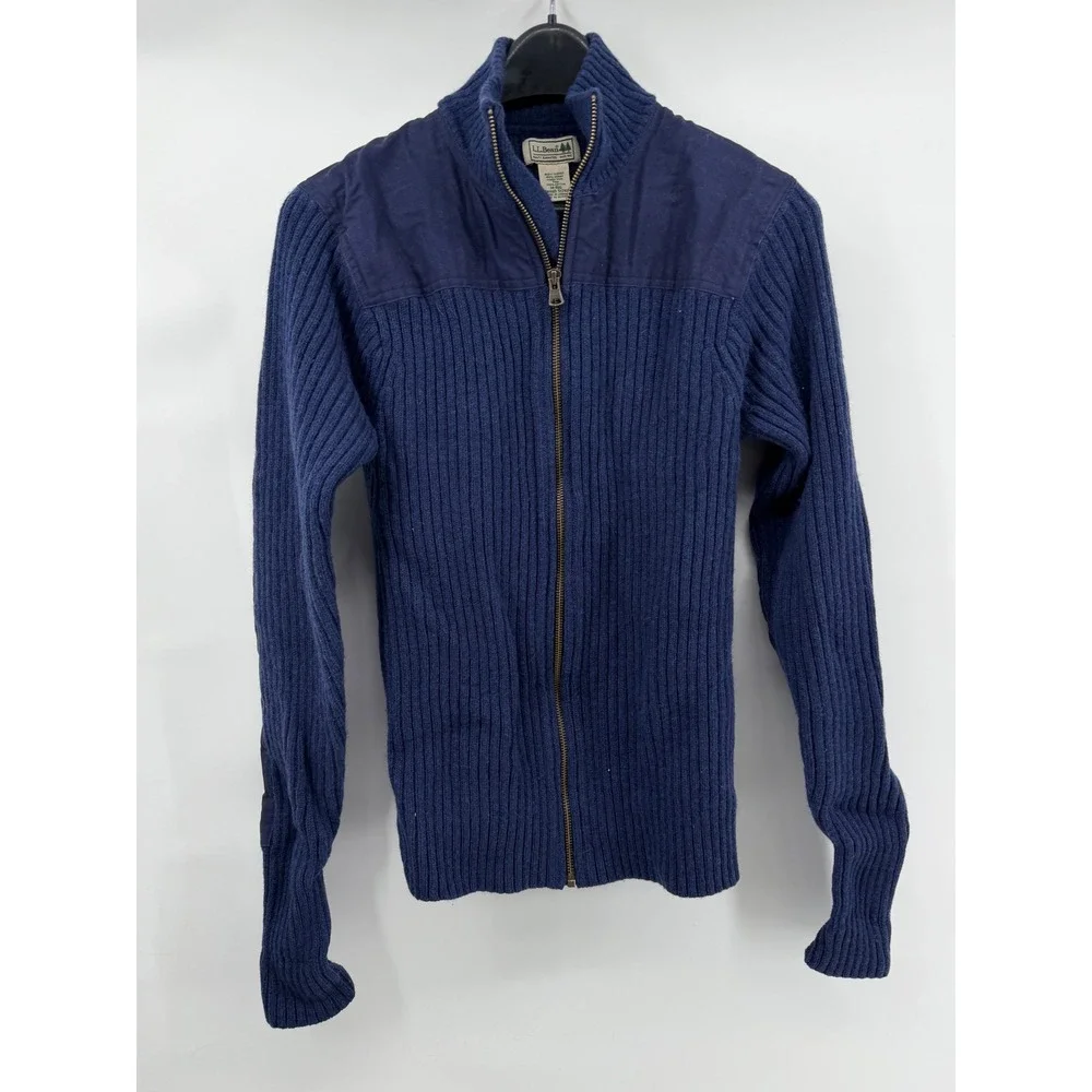 LL Bean Mens Commando Sweater Navy Blue Merino Lambswool Full Zip Cardigan M-REG